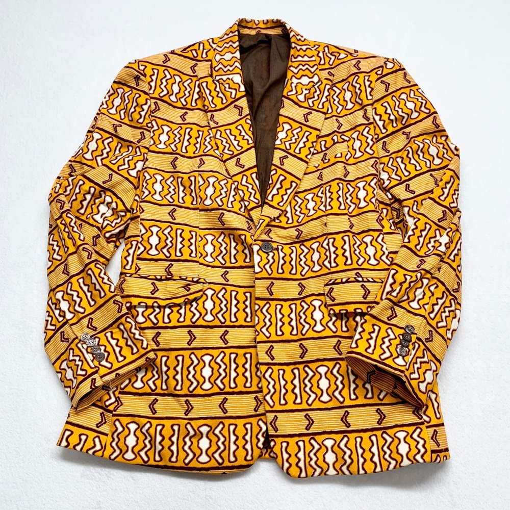 Unbranded Custom Africa Suit Jacket Mens Sz L Yellow Tribal Blazer‎ Cotton Print